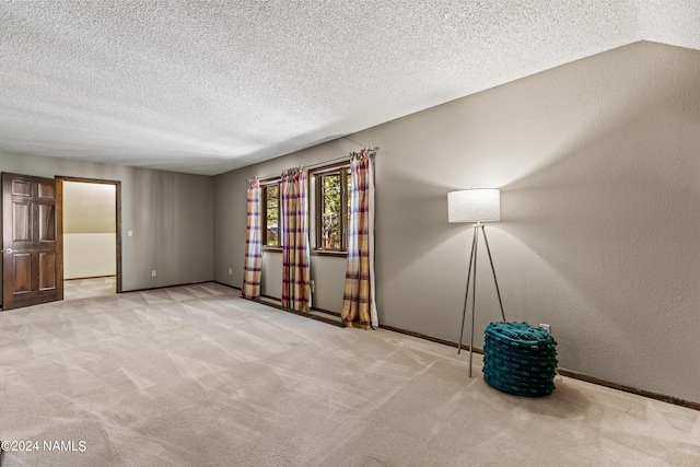 spare room featuring a textured ceiling and light colored carpet