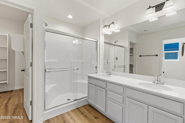 5026 E Retreat Cir, Flagstaff, AZ 86004 - full bath featuring a shower stall, double vanity, wood finished floors, and recessed lighting
