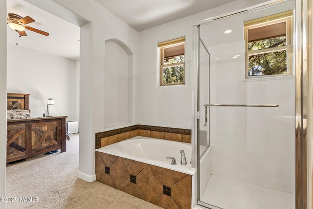 4759 W Quick Draw, Flagstaff, AZ 86005 - bathroom featuring a shower stall, a ceiling fan, a garden tub, and recessed lighting
