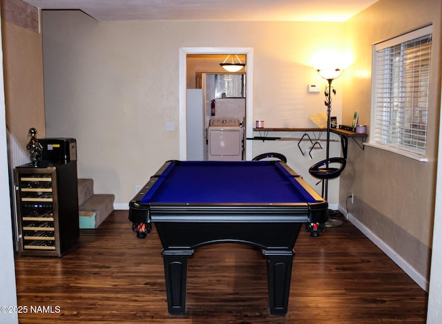 rec room featuring pool table, baseboards, washer / dryer, and wood finished floors