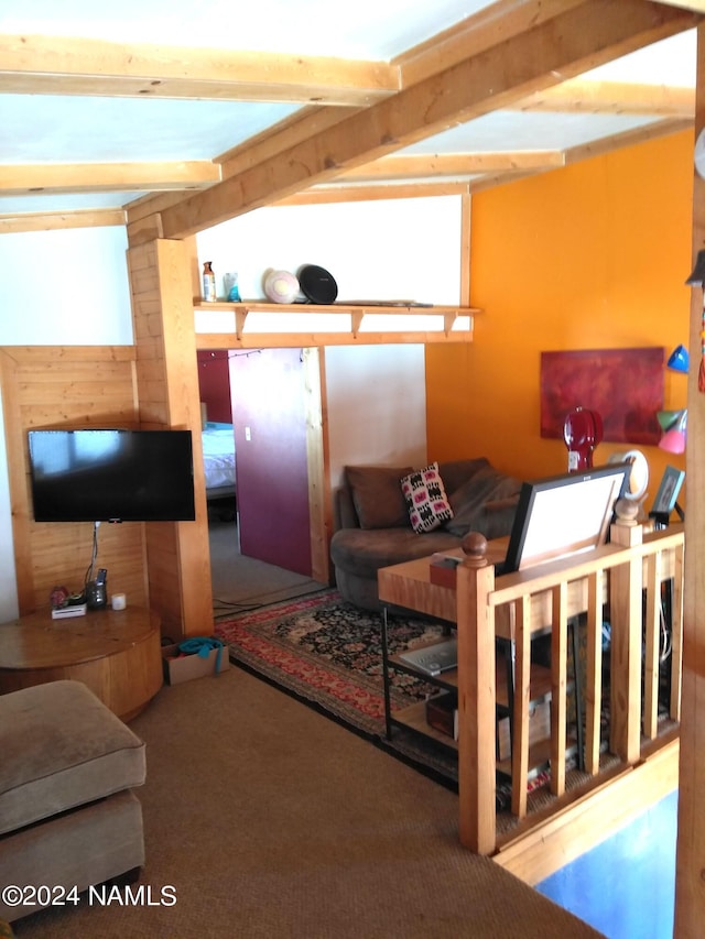1600 S River Valley Rd, Flagstaff, AZ 86004 - living room with wood walls and beam ceiling
