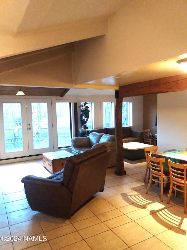 1600 S River Valley Rd, Flagstaff, AZ 86004 - living room featuring light tile patterned floors and lofted ceiling with beams