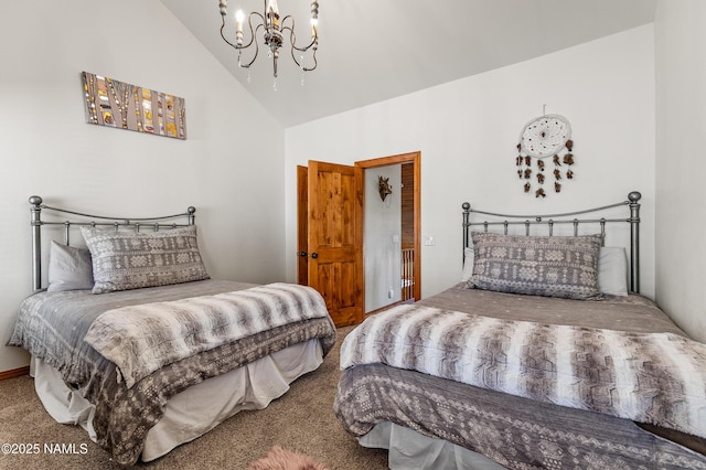 bedroom with high vaulted ceiling, carpet flooring, and a chandelier