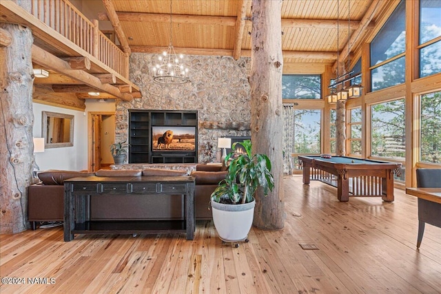 living room with wood ceiling, wood-type flooring, pool table, beamed ceiling, and high vaulted ceiling