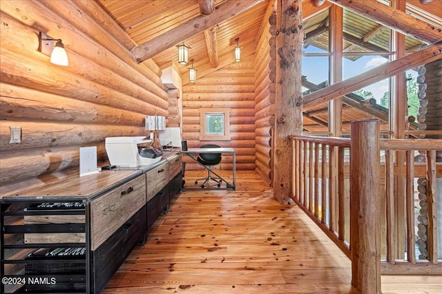 home office featuring wood ceiling, light wood-type flooring, rustic walls, and lofted ceiling with beams