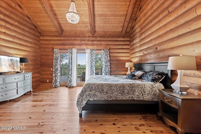 bedroom with wood ceiling, access to exterior, rustic walls, high vaulted ceiling, and beam ceiling