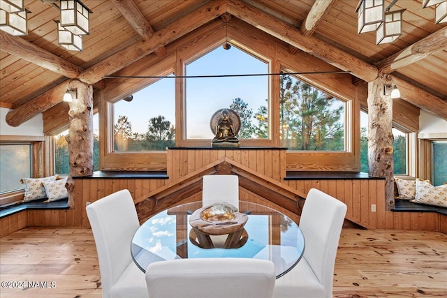 sunroom / solarium with lofted ceiling with beams and wood ceiling