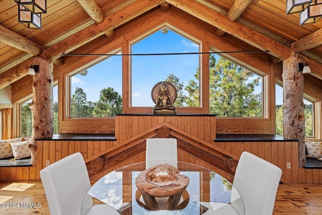 sunroom featuring wooden ceiling, vaulted ceiling with beams, and a wealth of natural light