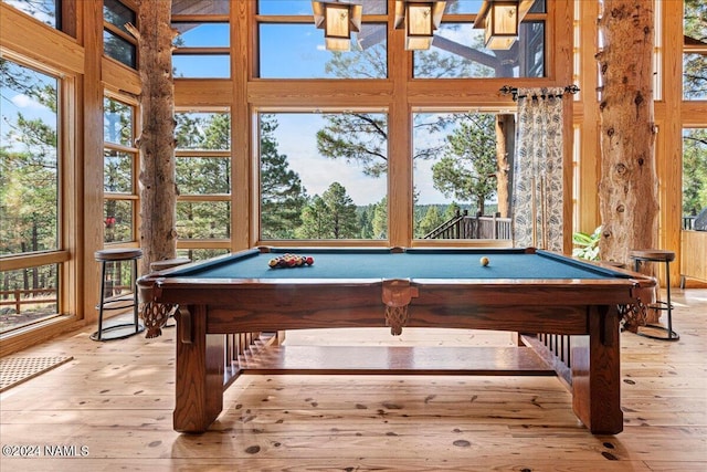 recreation room with billiards, light wood-type flooring, and a healthy amount of sunlight