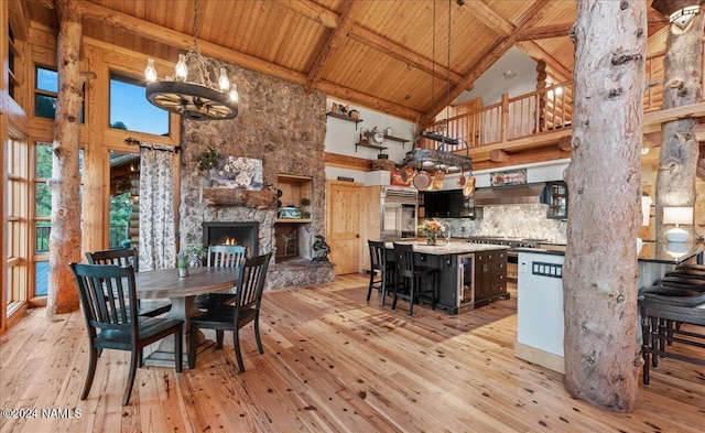 dining space featuring light hardwood / wood-style flooring, beam ceiling, a fireplace, wooden ceiling, and high vaulted ceiling