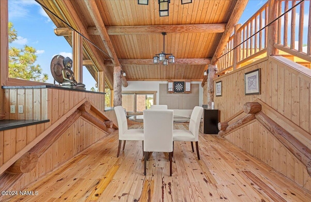 dining space with light wood-type flooring, wooden walls, vaulted ceiling with beams, and wood ceiling