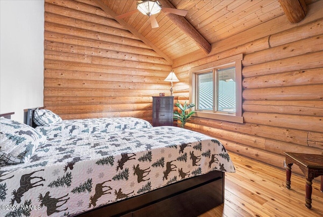 bedroom with light wood-type flooring, rustic walls, ceiling fan, and wood ceiling