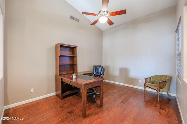 office with wood-type flooring, ceiling fan, and lofted ceiling