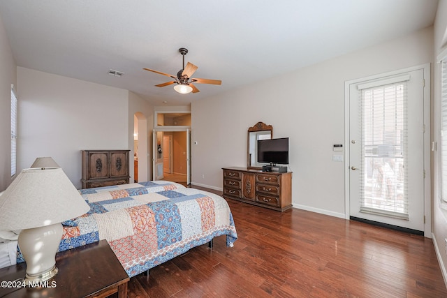 bedroom with wood-type flooring and ceiling fan