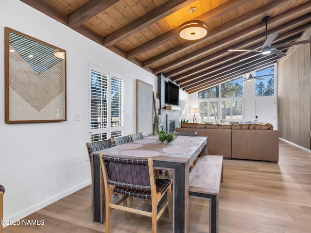 6205 N Country Club Dr, Flagstaff, AZ 86004 - dining room with baseboards, wooden ceiling, a ceiling fan, and light wood-type flooring