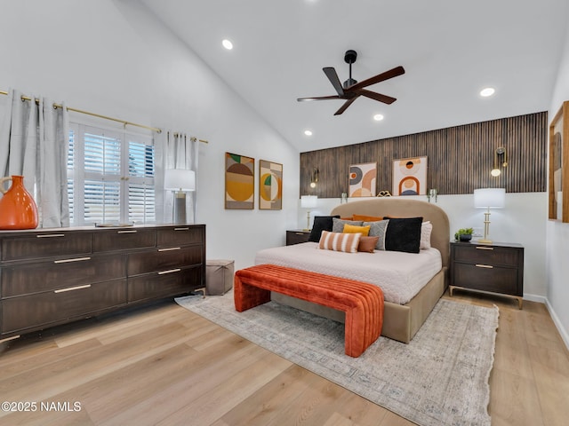 6205 N Country Club Dr, Flagstaff, AZ 86004 - bedroom featuring high vaulted ceiling, recessed lighting, light wood-type flooring, a ceiling fan, and baseboards