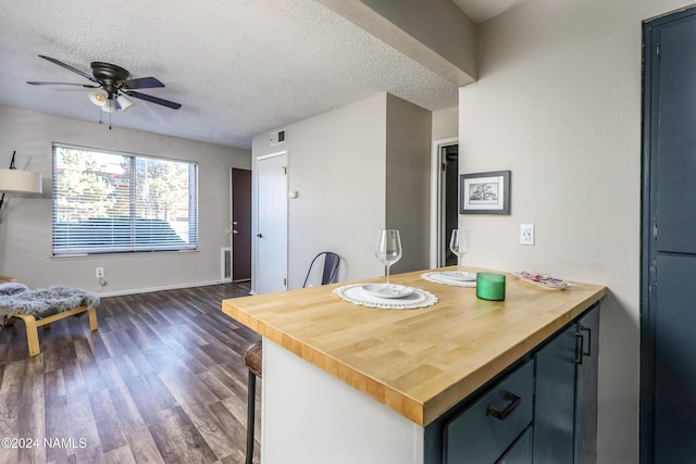 kitchen with ceiling fan, dark wood-type flooring, a textured ceiling, and butcher block counters