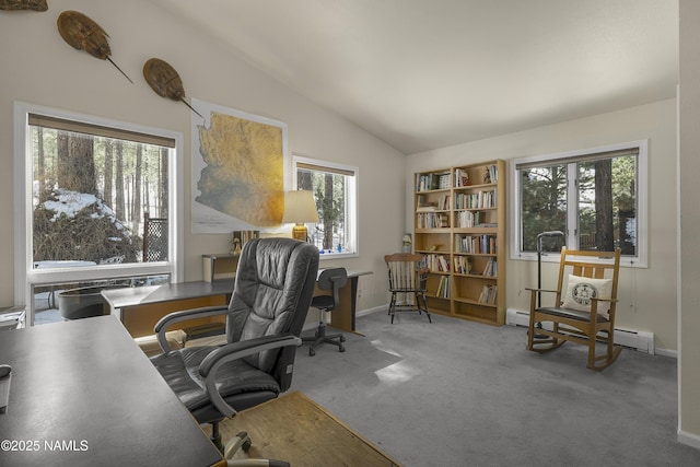 home office with lofted ceiling, carpet flooring, baseboards, and baseboard heating