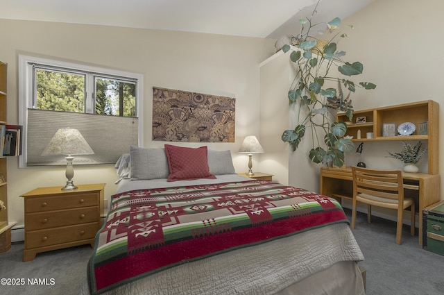 bedroom featuring a baseboard heating unit, lofted ceiling, and carpet