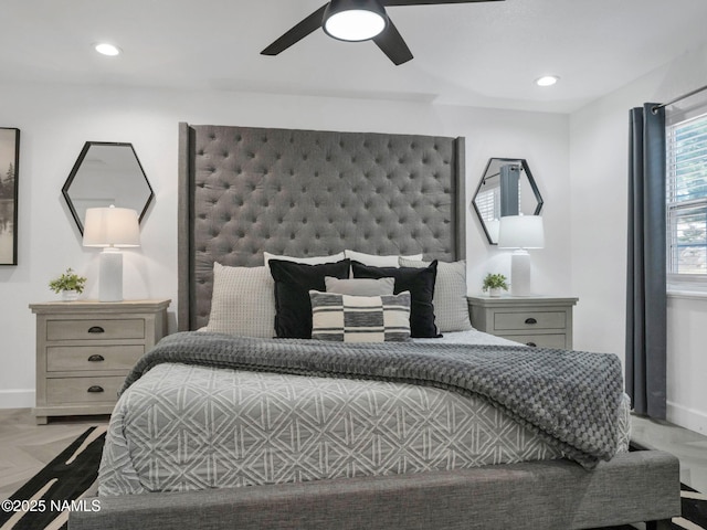 6136 E Abineau Canyon Dr, Flagstaff, AZ 86004 - bedroom featuring baseboards, recessed lighting, and a ceiling fan