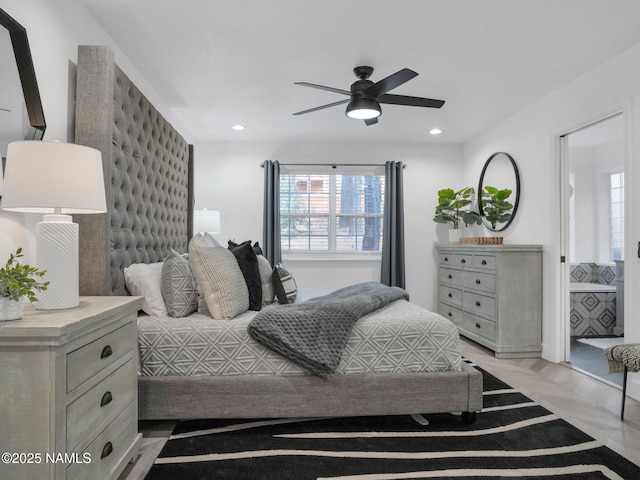 6136 E Abineau Canyon Dr, Flagstaff, AZ 86004 - bedroom with recessed lighting, a ceiling fan, and ensuite bath