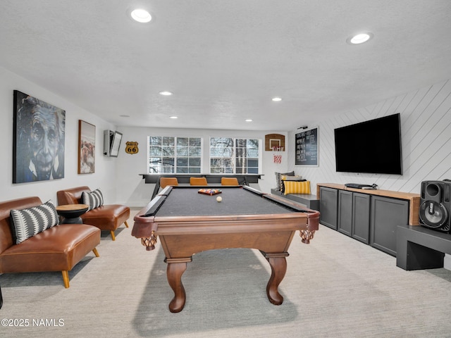 6136 E Abineau Canyon Dr, Flagstaff, AZ 86004 - rec room featuring carpet, recessed lighting, billiards, and wood walls