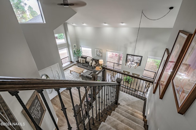 staircase with wood-type flooring, ceiling fan with notable chandelier, and a high ceiling