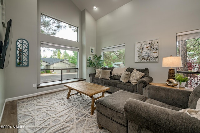 living room featuring high vaulted ceiling, a wealth of natural light, and light hardwood / wood-style floors