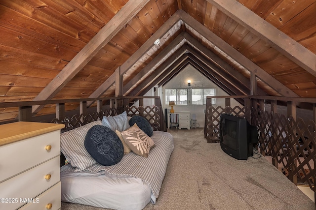 carpeted bedroom with lofted ceiling with beams and wood ceiling