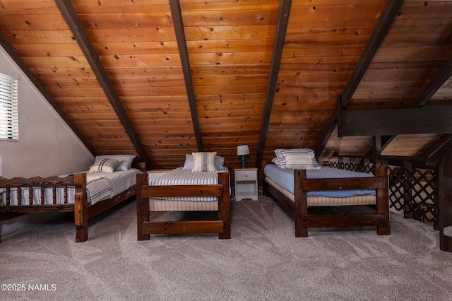 bedroom featuring lofted ceiling with beams, wood ceiling, and carpet