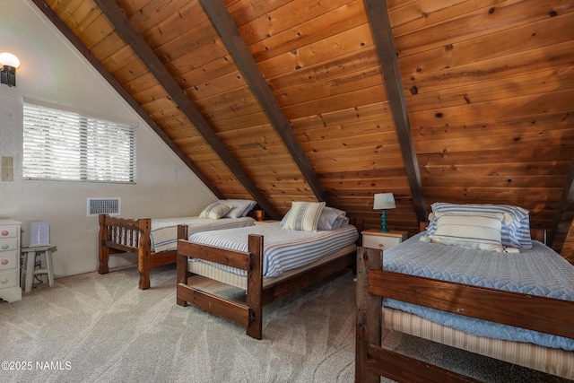 bedroom featuring light carpet, visible vents, vaulted ceiling with beams, and wood ceiling