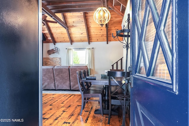 office with an inviting chandelier, wood ceiling, vaulted ceiling with beams, and wood finished floors