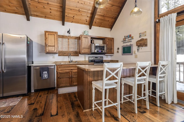 kitchen with wood ceiling, brown cabinets, stainless steel appliances, and a sink