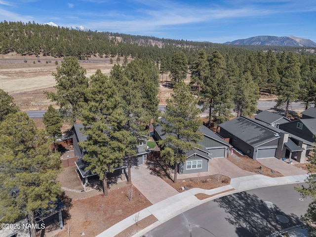 birds eye view of property with a mountain view and a wooded view