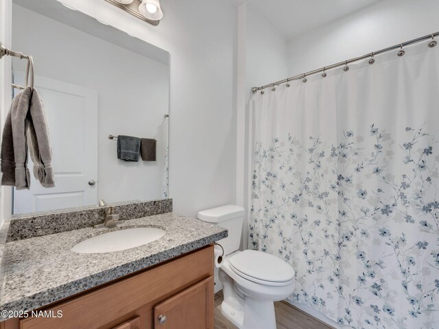 bathroom featuring toilet, curtained shower, wood finished floors, and vanity