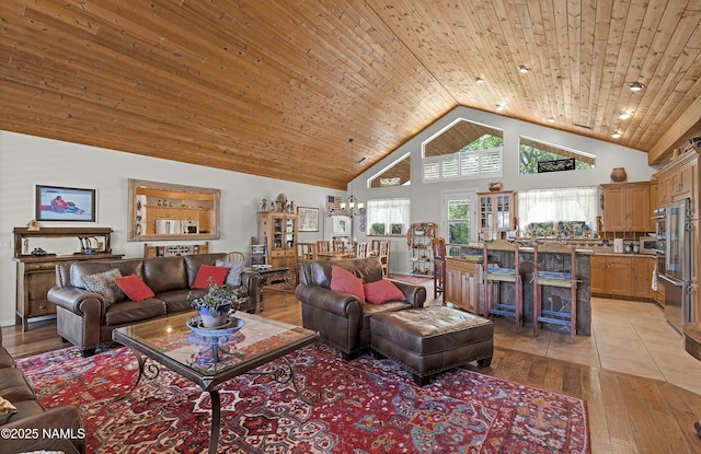 11267 N Lilac Ln, Flagstaff, AZ 86004 - living area featuring high vaulted ceiling, light wood-style floors, and wood ceiling