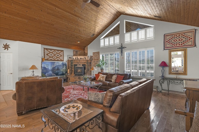 11267 N Lilac Ln, Flagstaff, AZ 86004 - living area featuring high vaulted ceiling, a ceiling fan, wood ceiling, and wood-type flooring