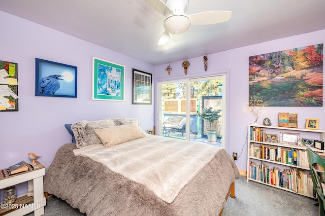 carpeted bedroom with a ceiling fan and access to outside