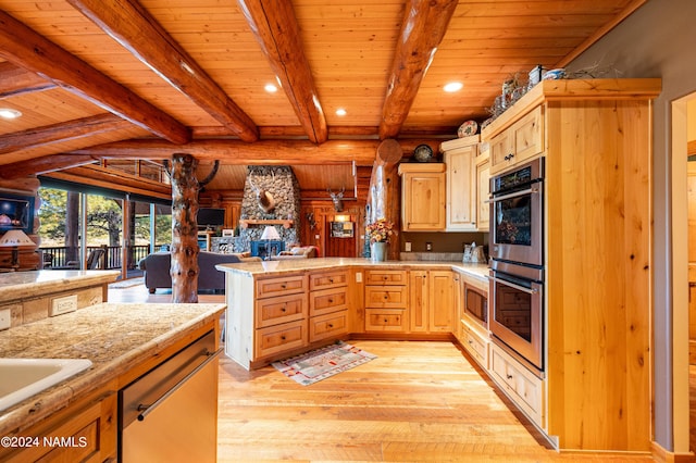 kitchen featuring wood ceiling, light hardwood / wood-style flooring, beam ceiling, and stainless steel double oven