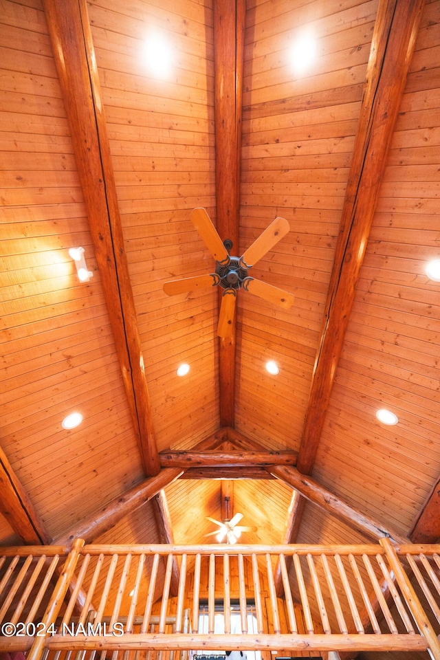 details with ceiling fan, wooden ceiling, and beamed ceiling