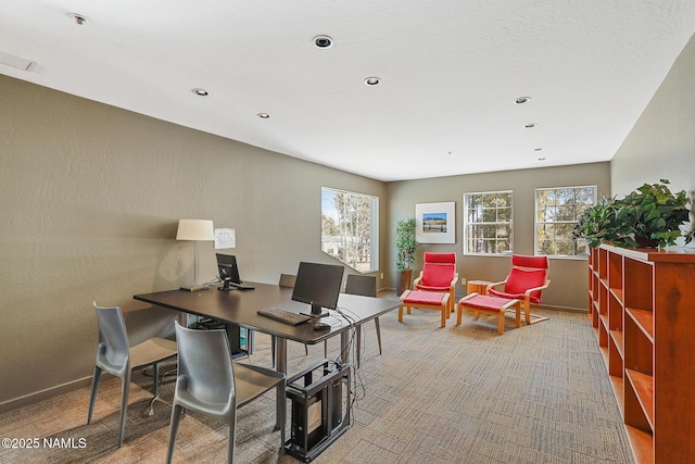 carpeted home office featuring recessed lighting and baseboards