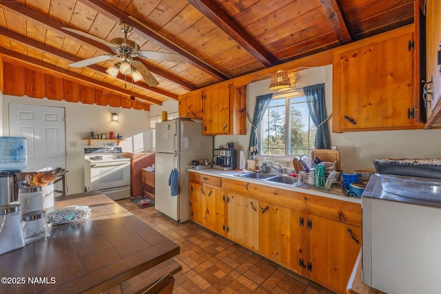 kitchen with brick patterned floor, a ceiling fan, wooden ceiling, a sink, and white appliances