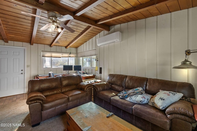carpeted living area with wooden ceiling, a ceiling fan, vaulted ceiling with beams, and a wall mounted AC