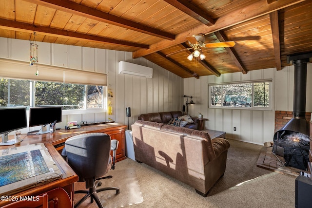 bedroom with carpet floors, a wood stove, a wall unit AC, and wooden ceiling