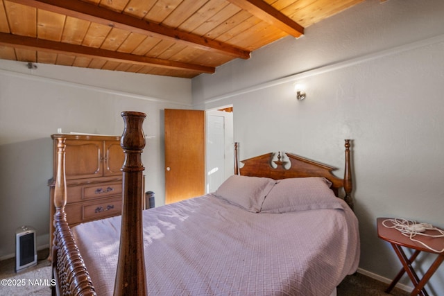 bedroom with wood ceiling, carpet floors, and beamed ceiling
