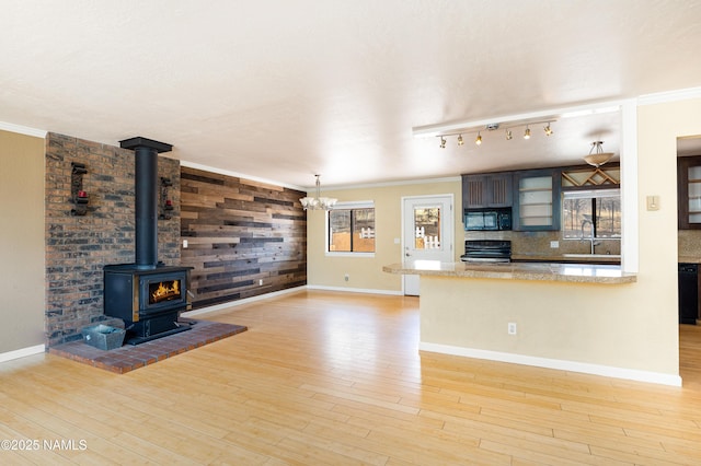 kitchen with black appliances, a wood stove, light wood-style flooring, and a healthy amount of sunlight