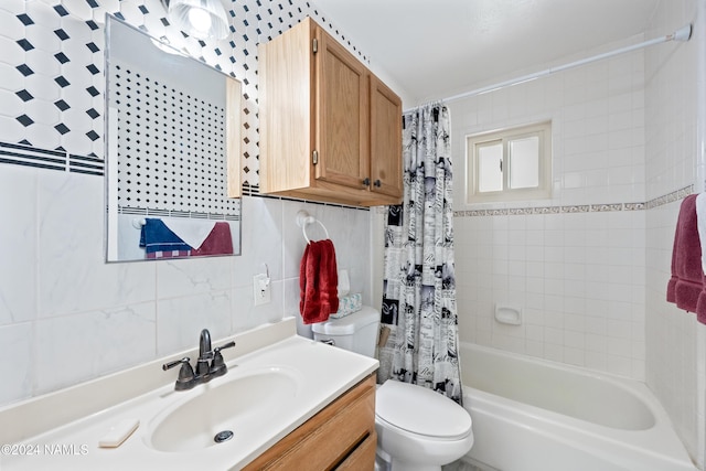 full bathroom with shower / bathtub combination with curtain, tile walls, vanity, decorative backsplash, and toilet