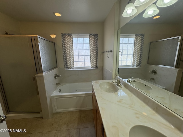 bathroom with vanity, separate shower and tub, and tile patterned flooring