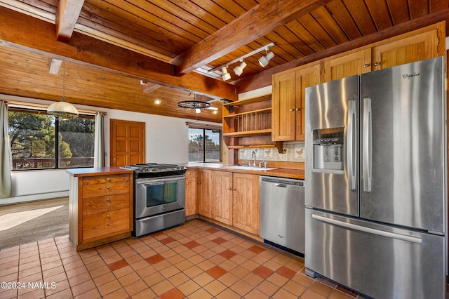 9175 E Moon Beam Ave, Flagstaff, AZ 86004 - kitchen featuring appliances with stainless steel finishes, wood ceiling, sink, beam ceiling, and pendant lighting