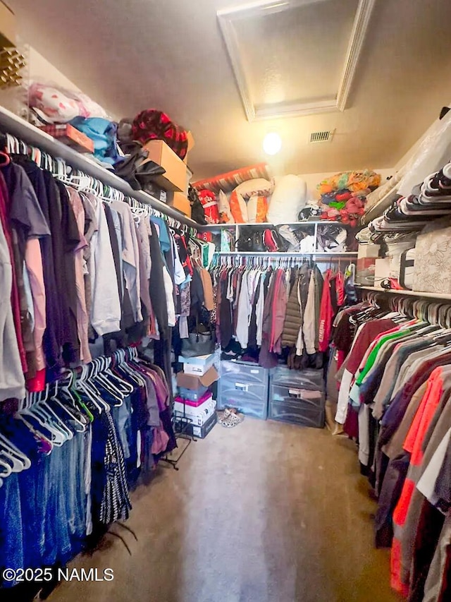 spacious closet with visible vents and attic access